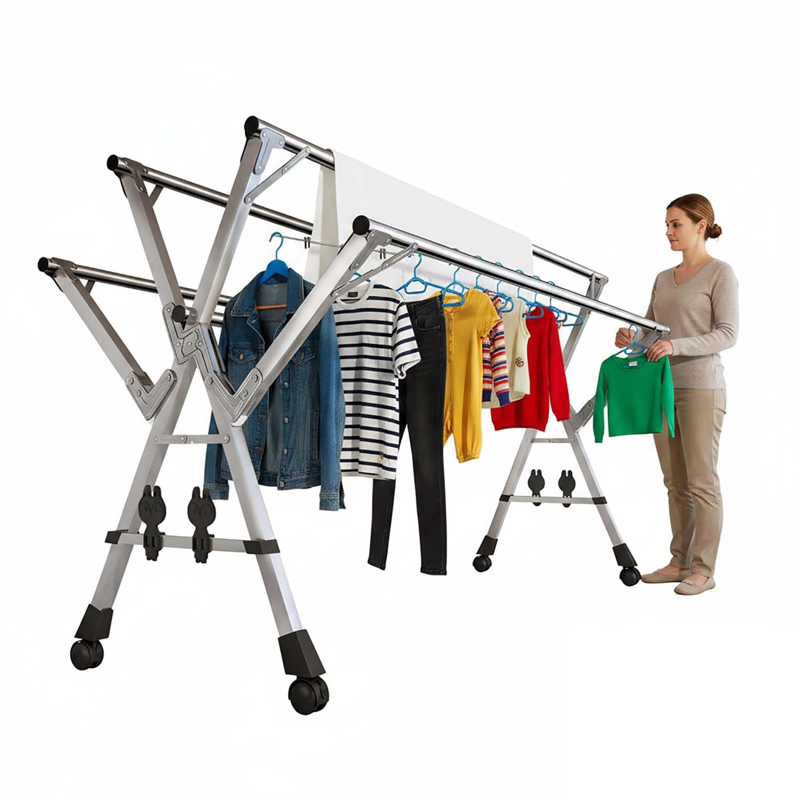 YSUEFIJO Foldable Laundry Drying Rack with Wheels, Stainless Steel Expandable Clothes Hanger Rack, Telescopic Garment Rack For Clothes, Portable Rack For Apartment Or Balcony Use