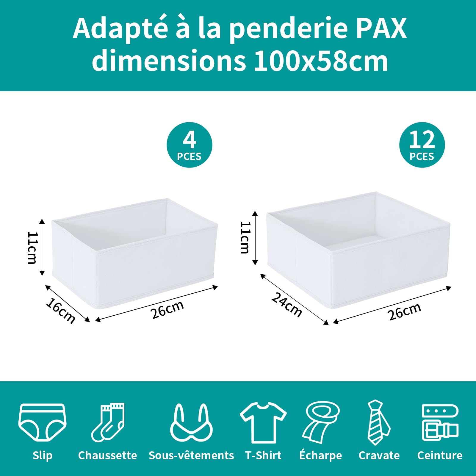 Juego de 16 cajones organizadores compatibles con armario PAX 100 x 58 cm, cajas de tela plegables con base estable para ropa, color blanco