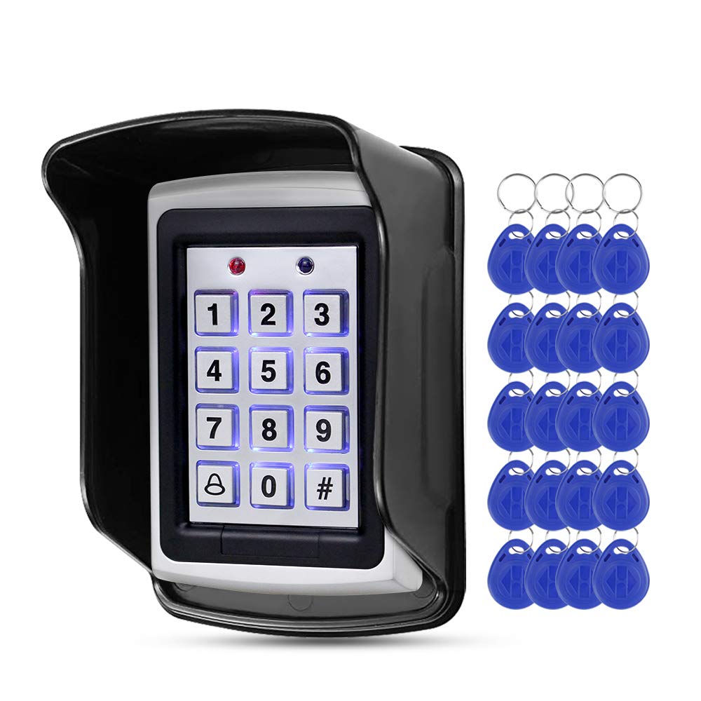 Diginex RFID Metal Access Control Keypad, 125KHz, Waterproof Cover, Standalone Access Controller for Door Lock System, 20 pcs Blue Keyfobs Keychains