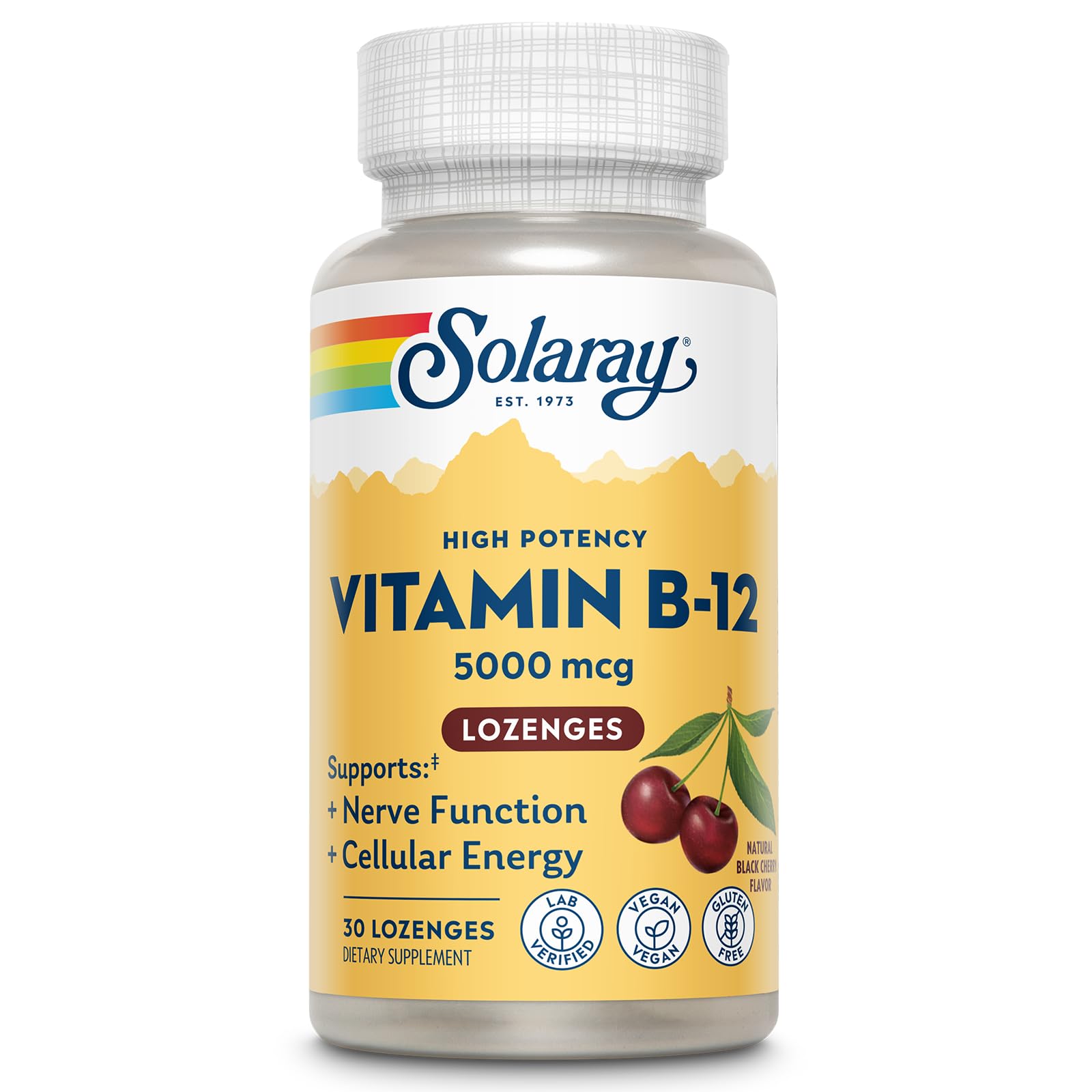 SOLARAY High Potency Vitamin B12 Lozenges 5000mcg - w/Methylcobalamin (Methyl B12), Nerve Function and Cellular Energy Support, Natural Black Cherry, Vegan, Gluten Free, 60-Day Guarantee, 30 Servings