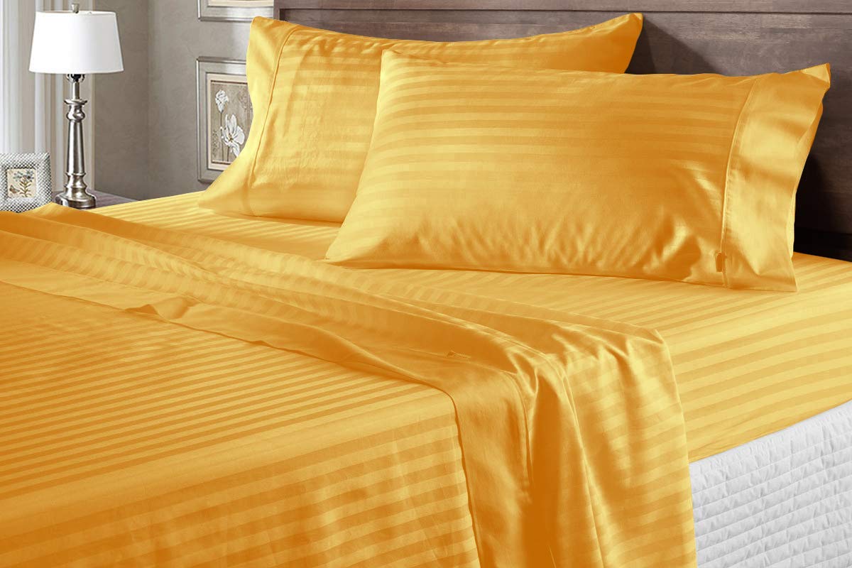Luxury Soft 100% Egyptian Cotton 4Pc Sheet Set Sateen Weave 800 TC Full Size, Fits Mattress Upto 21-24' Deep Pocket,Gold Stripe