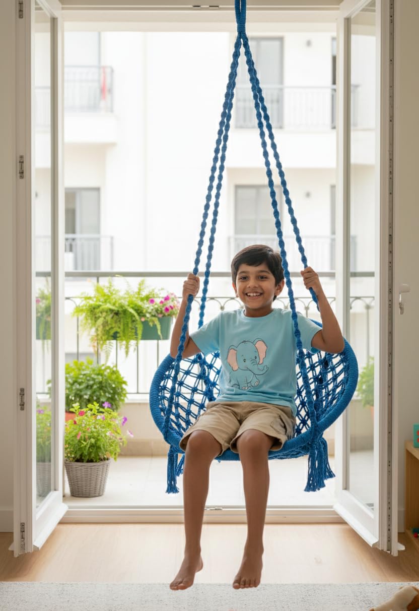 Cotton Round Baby Swing/Jhula For Kids/Swing For Kids For Home/Jhula For Baby Swing Hanging Indoor&Outdoor/Ideal For 5-15 Years/Swing For Children/Swinging Chair For Kids(Blue),20 Centimeters