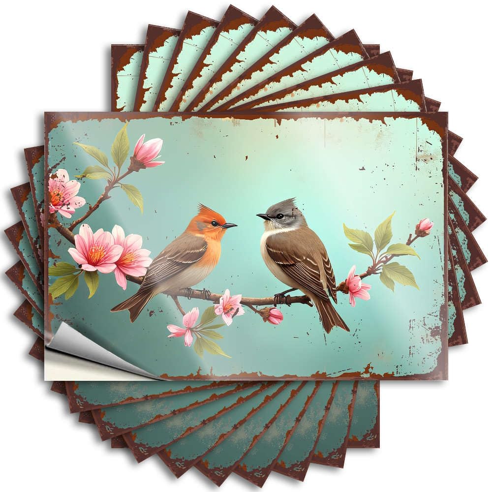 Two Birds Sitting On A Branch with Pink Flowers. Saying Stitch | Happy Water Removable Decal Pack(12X18CM)