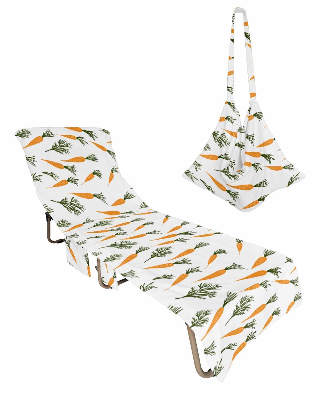 Carrots Easter Beach Lounge Chair Towel Cover, Soft Chaise Lounge Towel with Side Pockets Patio Pool Chairs Cover for Beach/Pool Sunbathing 29x85 Watercolor Orange Green Vegetable