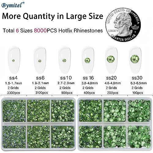Image of Bymitel Hotfix Crystal Rhinestones Round Gems for Crafts,Mixed 6 Sizes with Wax Pencil Kit, Peridot 1.6-6.3mm SS4-SS30 /8000pcs