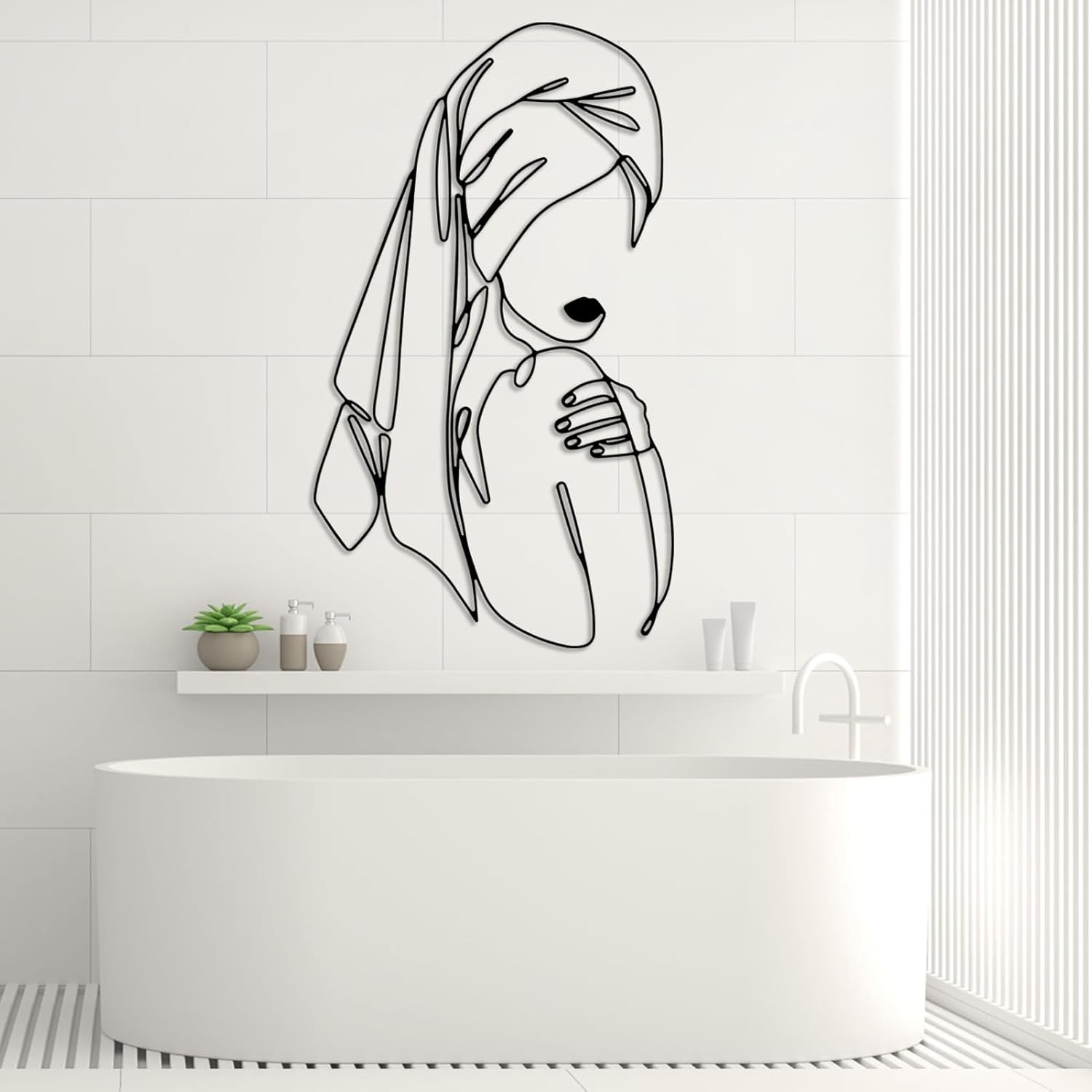 SZI Feminine Bathroom Metal Wall Art, Woman in Towel Metal Line Art Wall Decor, Minimalist Feminine Bathroom Wall Decor (Black, 24"x13"|60x34cm)