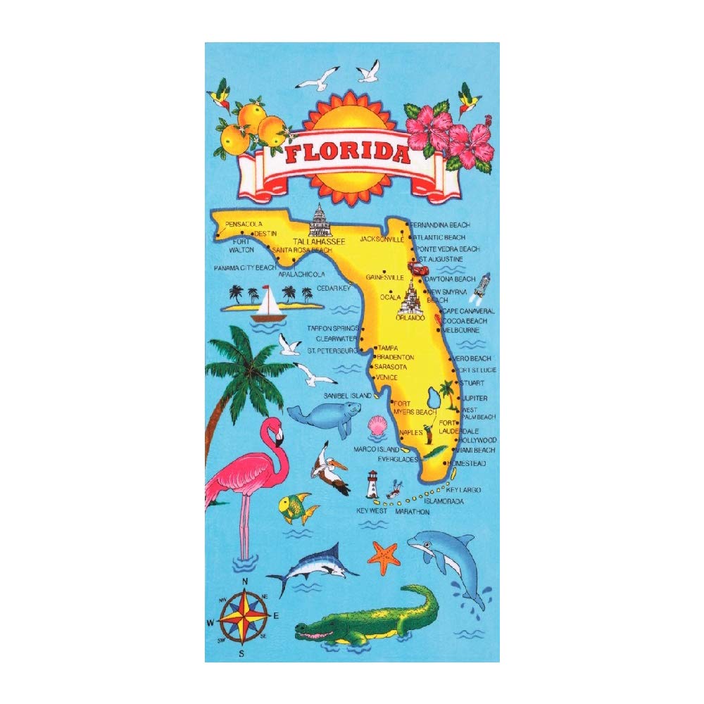 Bahia Collection by Dohler Florida Map Velour Brazilian Beach Towel 30x60 Inches