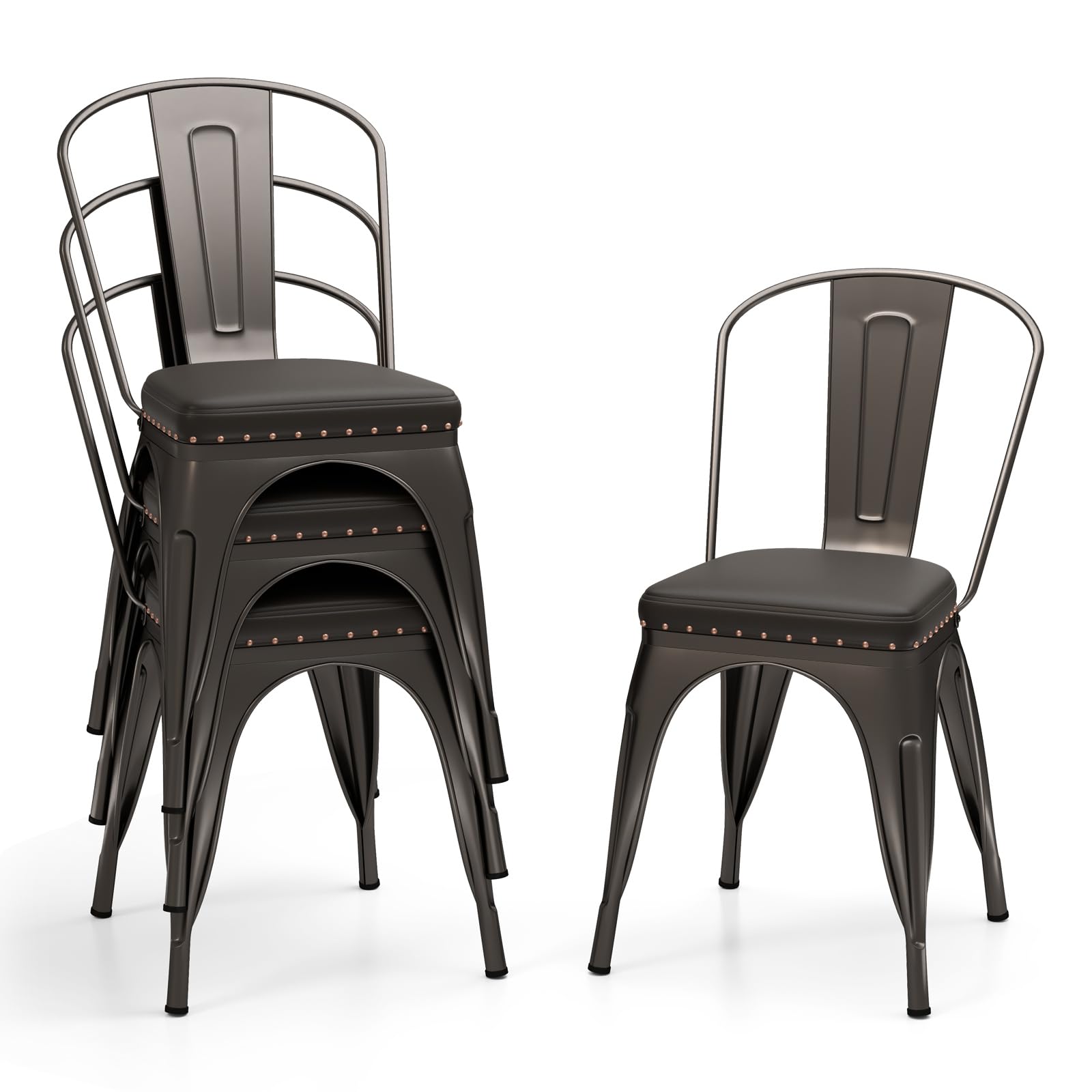GIANTEX Juego de 4 Sillas de Comedor de Metal Apilables, Asiento Acolchado y Respaldo Desmontable, Carga hasta 150 kg, Sillas de Estilo Industrial para Restaurante, Cafetería, Bistró (Marrón)