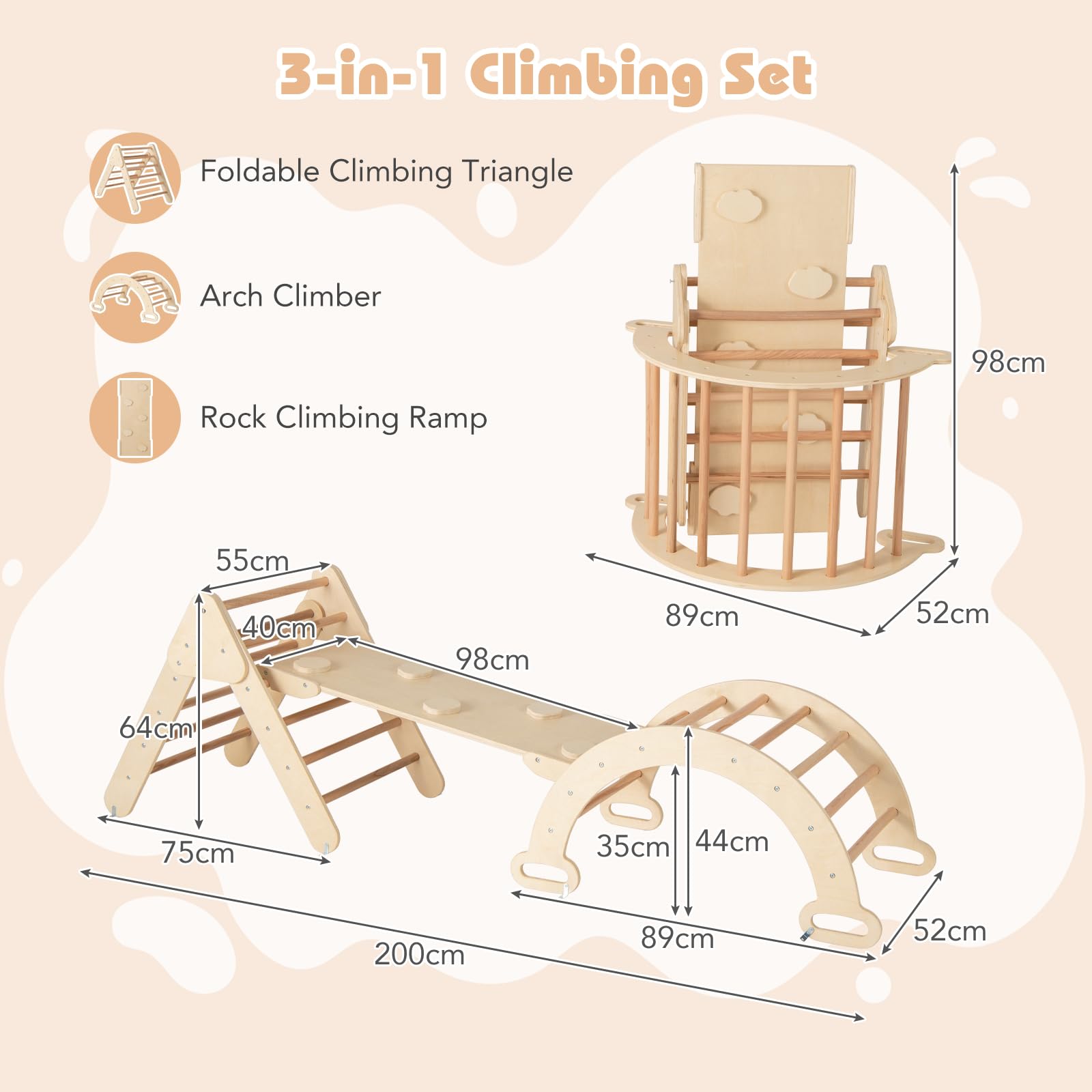 FANTASK – Cadre D'escalade 4 En 1 Avec Toboggan, Triangle Et Arche En Bois, Rampe Double Face, Balançoire, Dès 1 An, Naturel