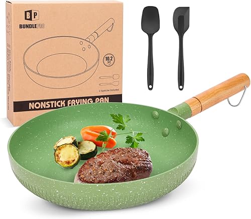 BUNDLEPRO Sartén antiadherente, sartén de revestimiento de granito con mango de madera, utensilios de cocina de aluminio verde compatible con