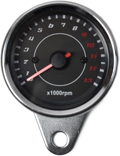 DKMOTORK 0042 universal motocicleta tacómetro 2.362in 12V con luz trasera LED aluminio mini negro