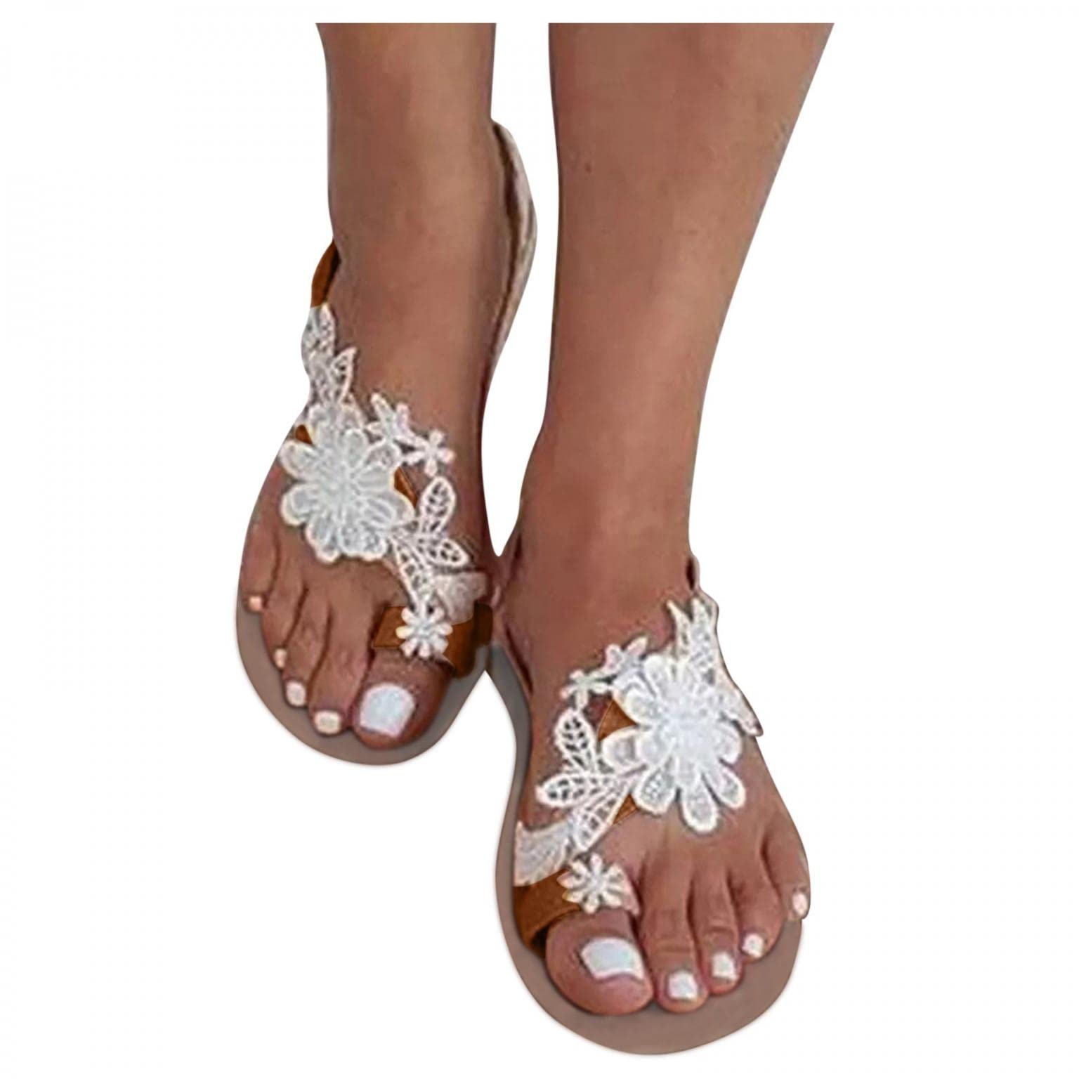 Hbeylia Sandals for Women Dressy Summer Flat Clip Toe Casual Lace Floral Beach Flip Flop Comfy Shoes Summer Elegant Toe Ring Roman Sandals for Wedding