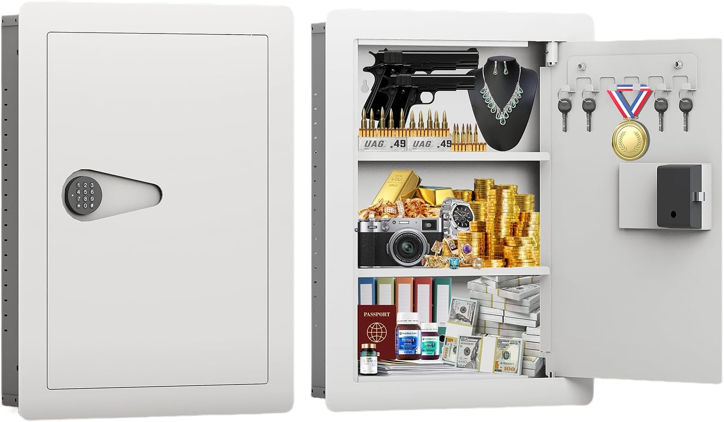 TOPKEY Quick Access Hidden Wall Safe with Removable Shelf & Hooks, In-Wall Safe Between Studs with Keypad & USB Key Access for Handguns, Cash, Documents, Passports and Valuables (White)