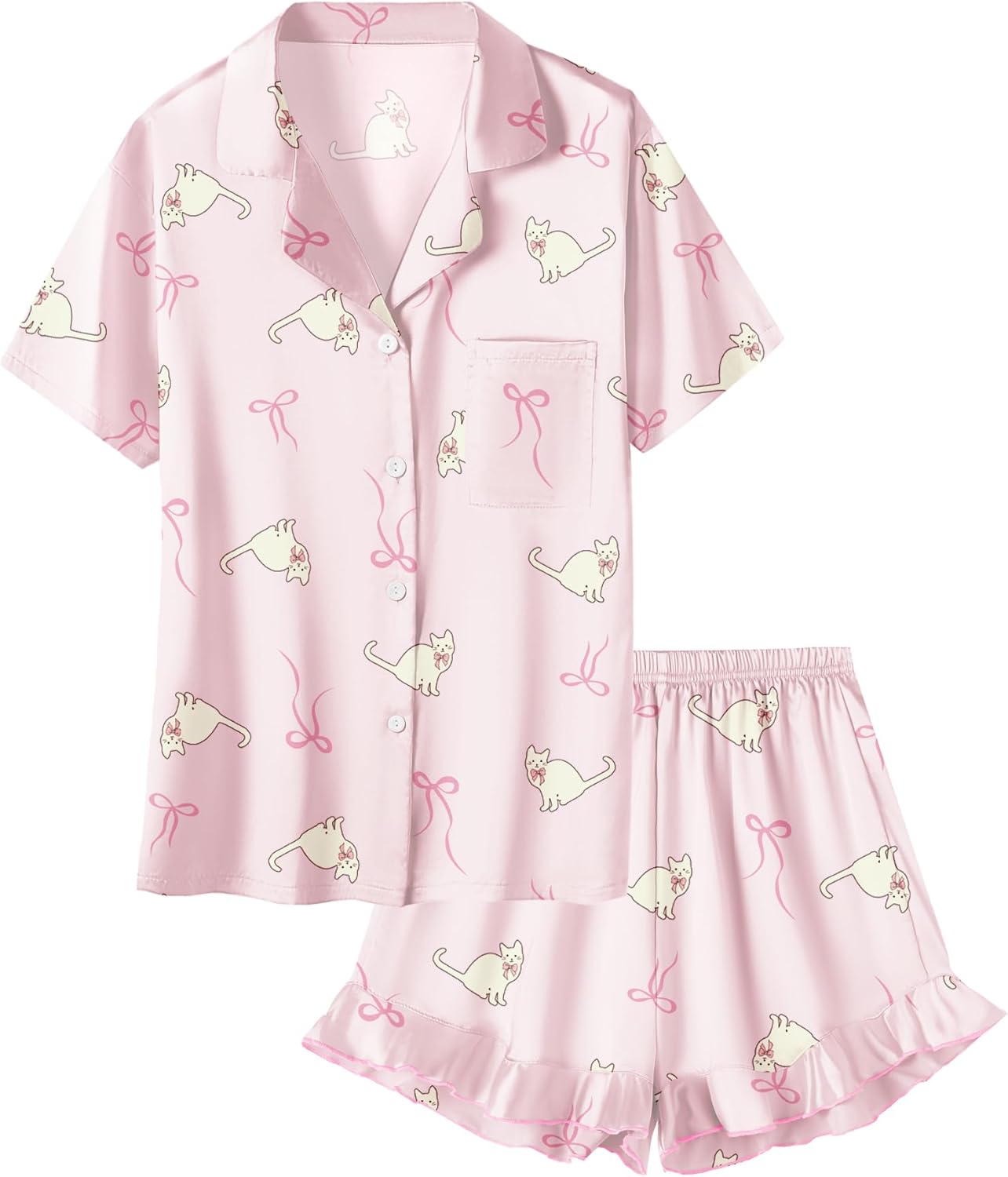 Umeyda Girls & Women Satin Pajamas Set Button Down 2 Piece Silk Pjs Shorts Set Ruffle Sleepwear, 5 Years-Women L