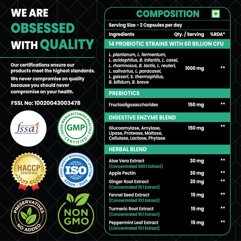 Image of Healeo Probiotics 60 Billion CFU, 4-in-1 with Prebiotic + Digestive Enzymes + 5 Herbs - Probiotics for Gut Health & Digestion - Supplement For Men & Women - Lab Tested - 30 Veg Capsules