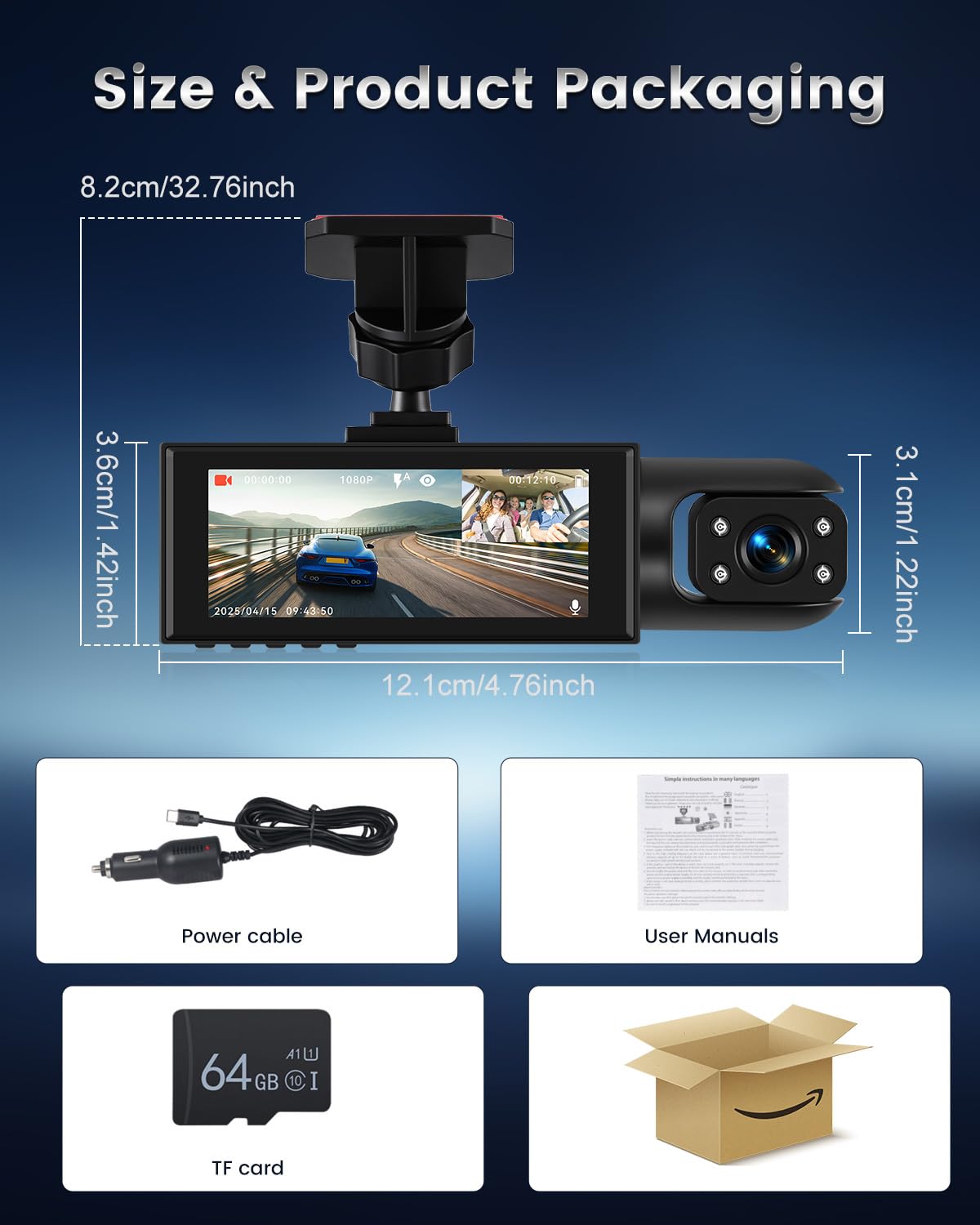 NHOPEEW Cámara Dual para salpicadero con cámara de 1080p - Cámara Frontal para salpicadero de 3,16 Pulgadas con grabación en Bucle, visión Nocturna, detección de Movimiento y Tarjeta TF de 64 GB