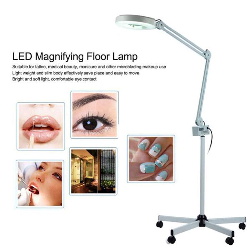 Lámpara LED De Aumento 5X con Soporte De Suelo Rodante, Brazo Giratorio Ajustable Lámpara Lupa De Belleza para Tatuajes Lámpara Plegable para Salón De Belleza SPA Cuidado De Uñas