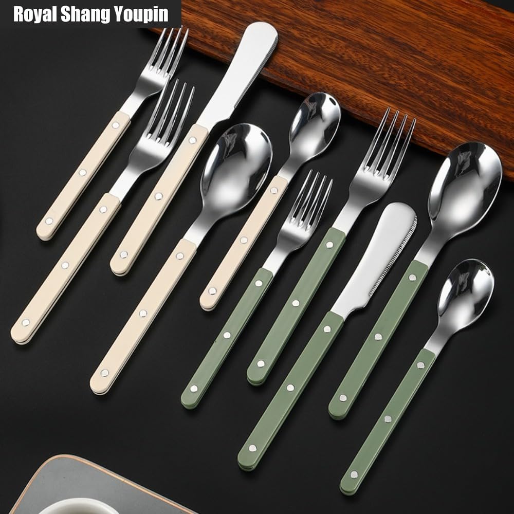 Exquisite Willow Nail Clip Handle Kitchen Stainless Steel Silverware Tableware Flatware Cutlery Set Steak Knife Fork Spoon Teaspoon (Green,20 pieces)