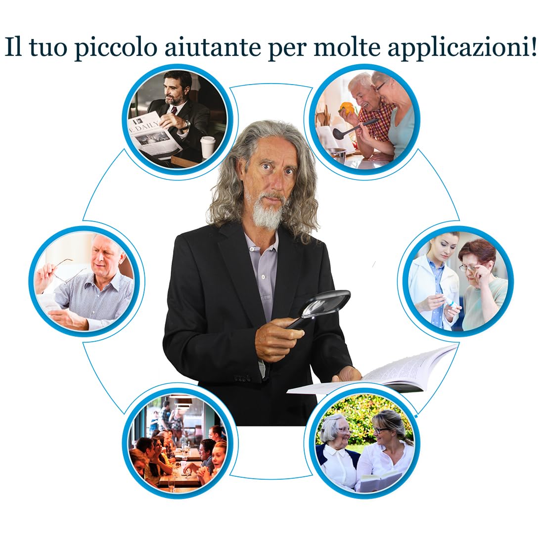 Lente di ingrandimento 2.0X con luce LED per libri; Grande lente a mano con batteria e cavo di ricarica USB; Vetrino ingranditore ricaricabile per leggere, lente come ausilio visivo e regalo pratico.