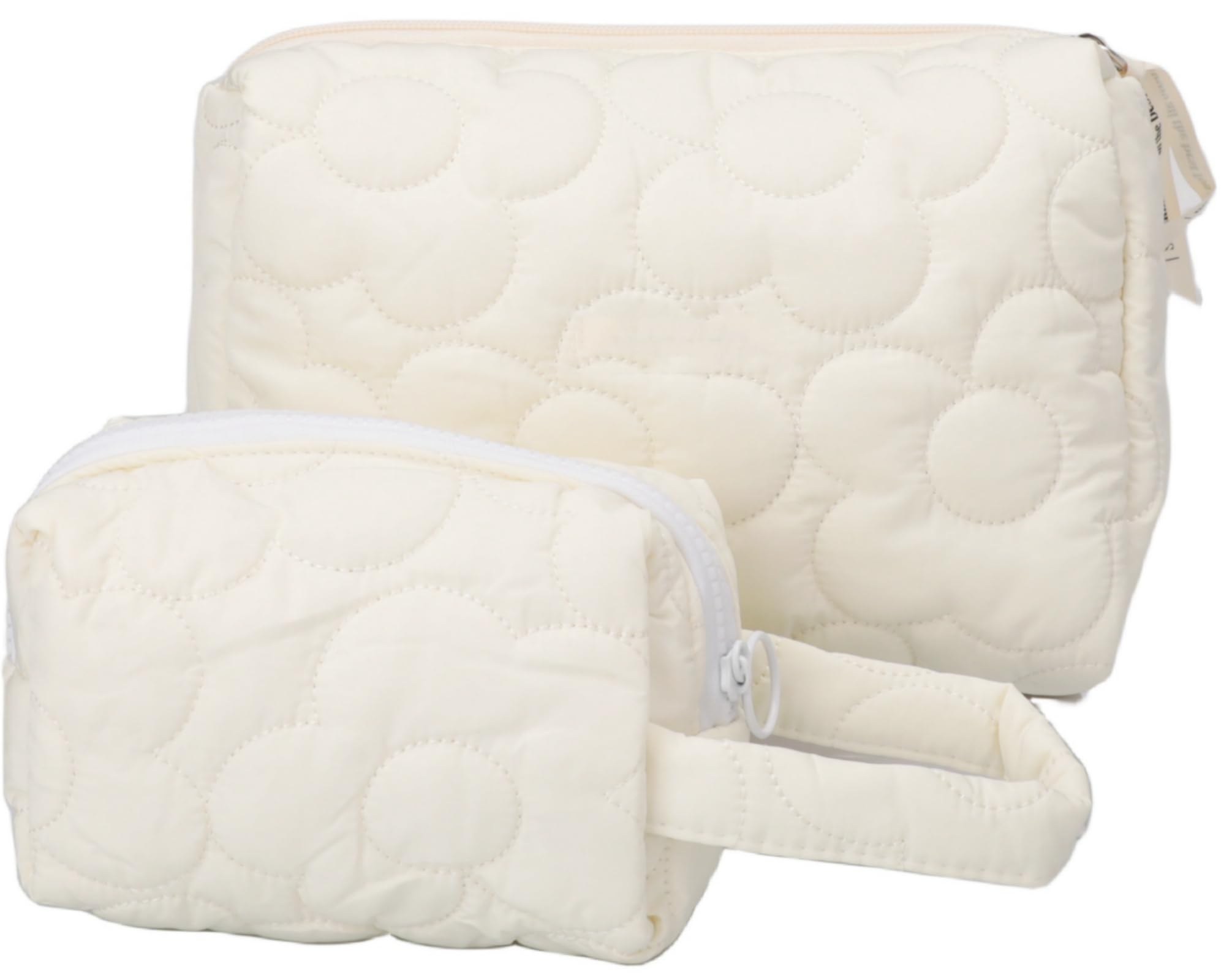 YOOLOVE 2Pcs Makeup Bag Gift for Girls Women, Large Quilted Cosmetic Bags, Cute Puffer Travel Toiletry Pouch Purse for Brush Organizer (White-2 pcs)