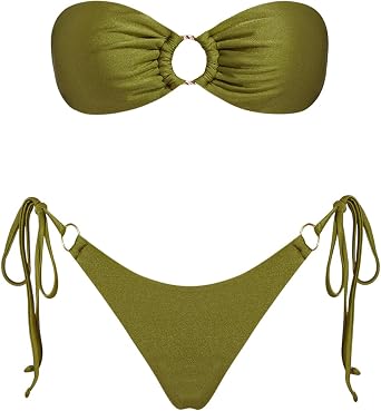 Womens Triangle Bikini Sets Bandeau O Ring Strapless Side Tie Thong Swimsuit Two Piece Bathing Suit