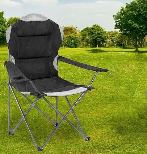 Hyfive Folding Camping Chairs Heavy Duty Luxury Padded with Cup Holder High Back - Black - 1 Chair