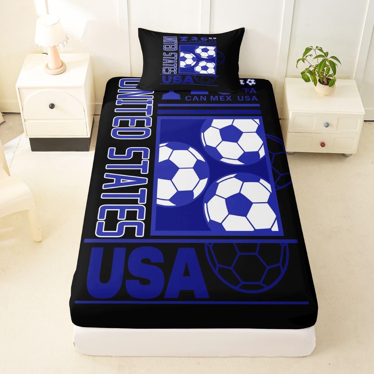 Feelyou Soccer Fitted Sheet Twin Size for Kids Boys Girls Football Print Bed Sheets Set 16" Deep Pocket Soft Breathable Microfiber Football Fan Bedding with 1 Pillowcase Soccer Player Room Decor