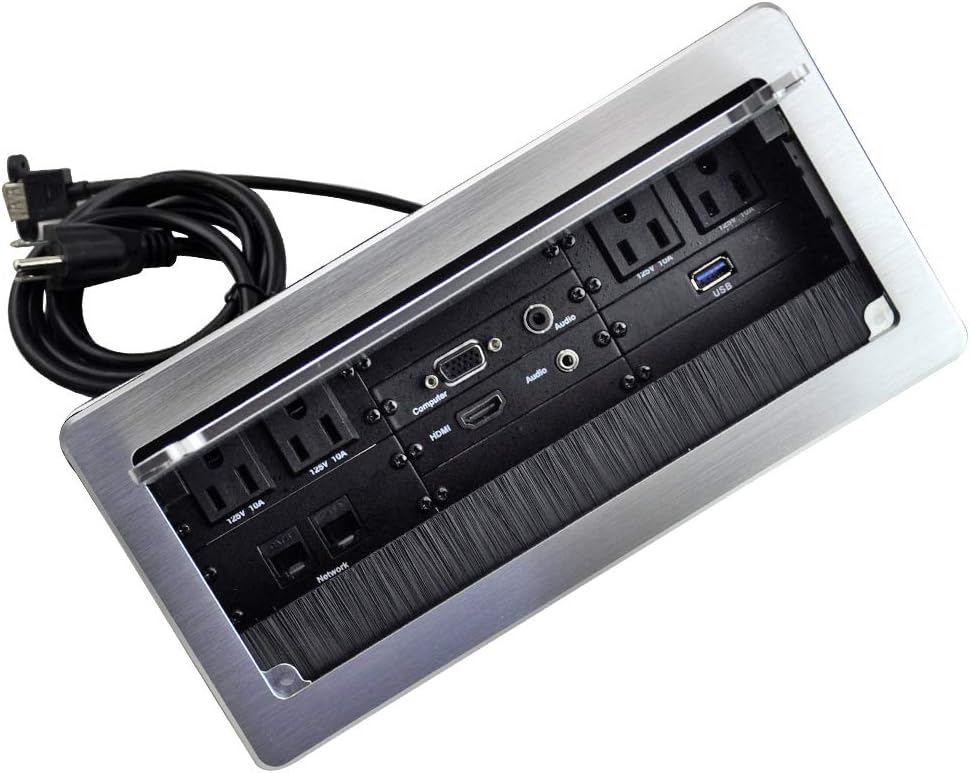 JS VI DEO JS TECHNOLOGY Table Power Brush Connectivity Box with 4 AC Power + 2 RJ45（CAT6） + 2 Audio 3.5mm + 1 VGA + 1 HDMI + 1 USB 3.0 (Female to Female) with 5.58ft Power Cord (Silver)