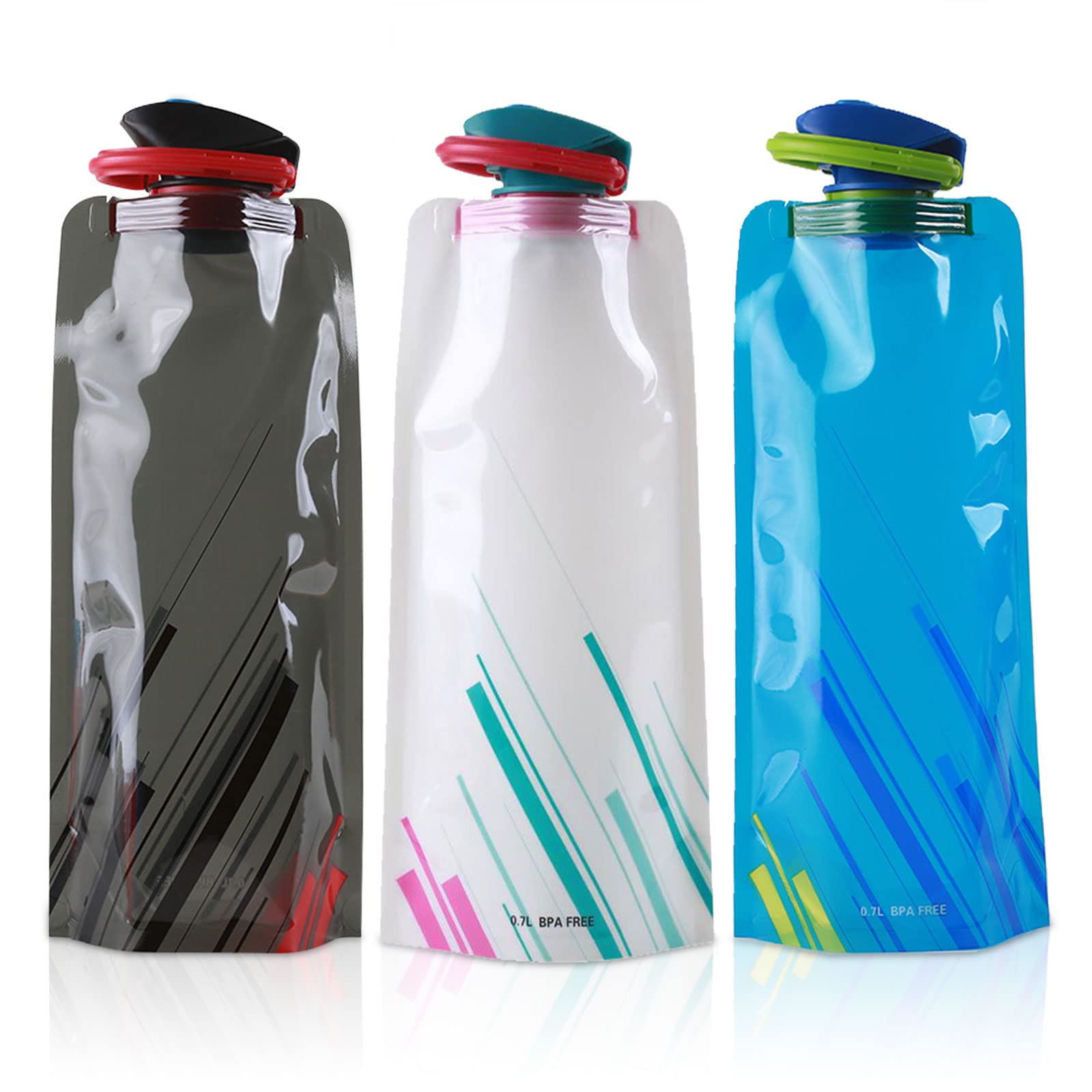 VIKSAUN3 Pieces Foldable Water Bottle Flexible Foldable Reusable BPA Free Water Bottles For Outdoor Sports Hiking Biking Travel Adventure Leak Proof Water Carrier 700ml Tricolor(3 pcs)