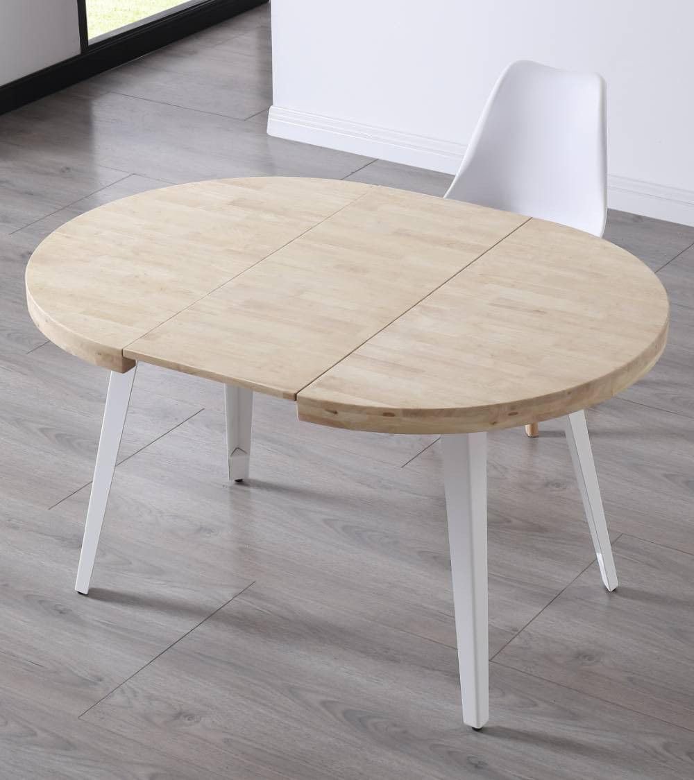 Home Heavenly® - Mesa Comedor Redonda Extensible Estilo Industrial SKADI. Mesa de 100 cm diámetro. 2 tramos extensión a 140 hasta 180 cm. (Roble Nordish - Blanco)