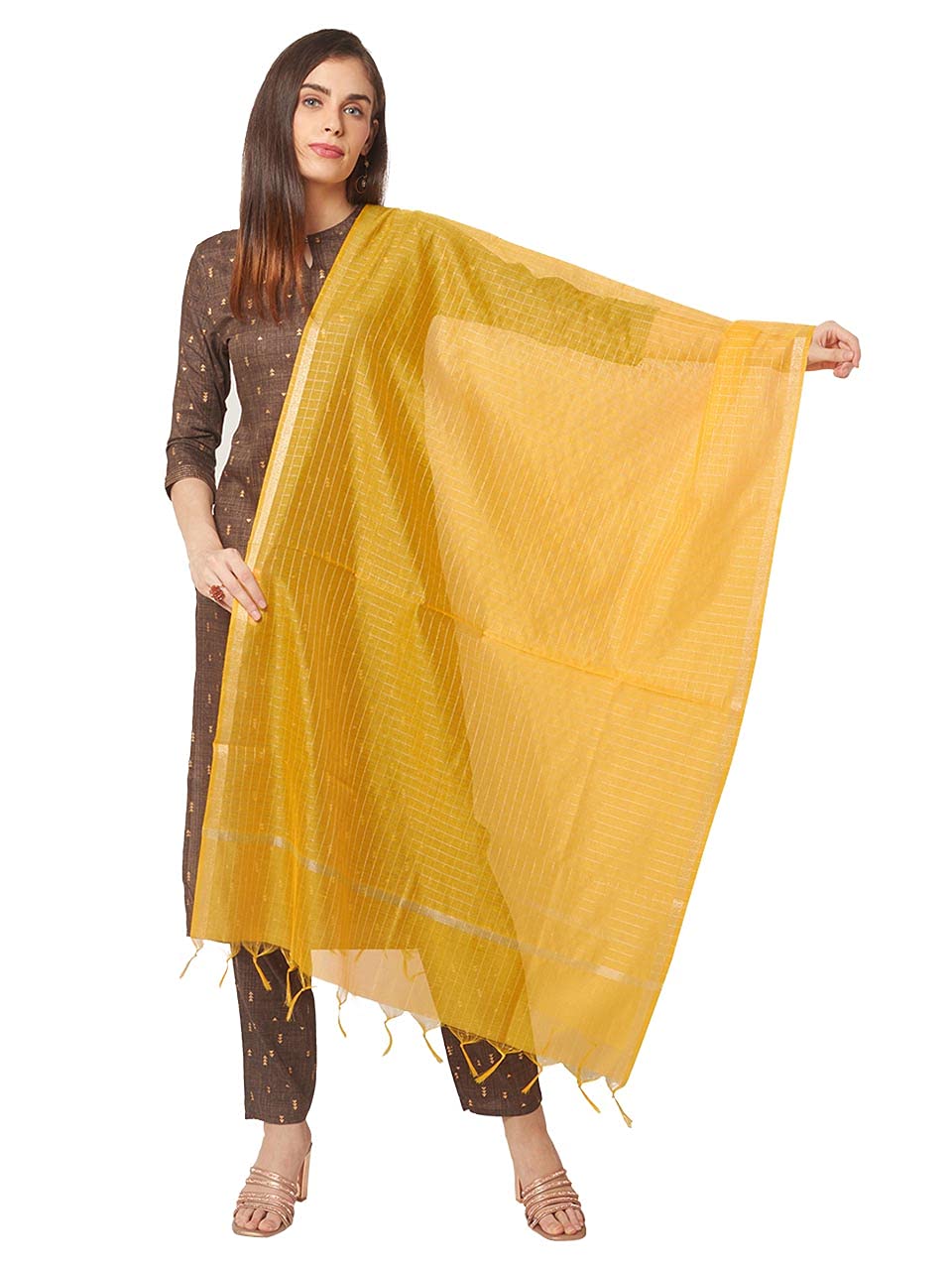 dupatta bazaar Women's Checkered Yellow Cotton Silk Dupatta-picture-24