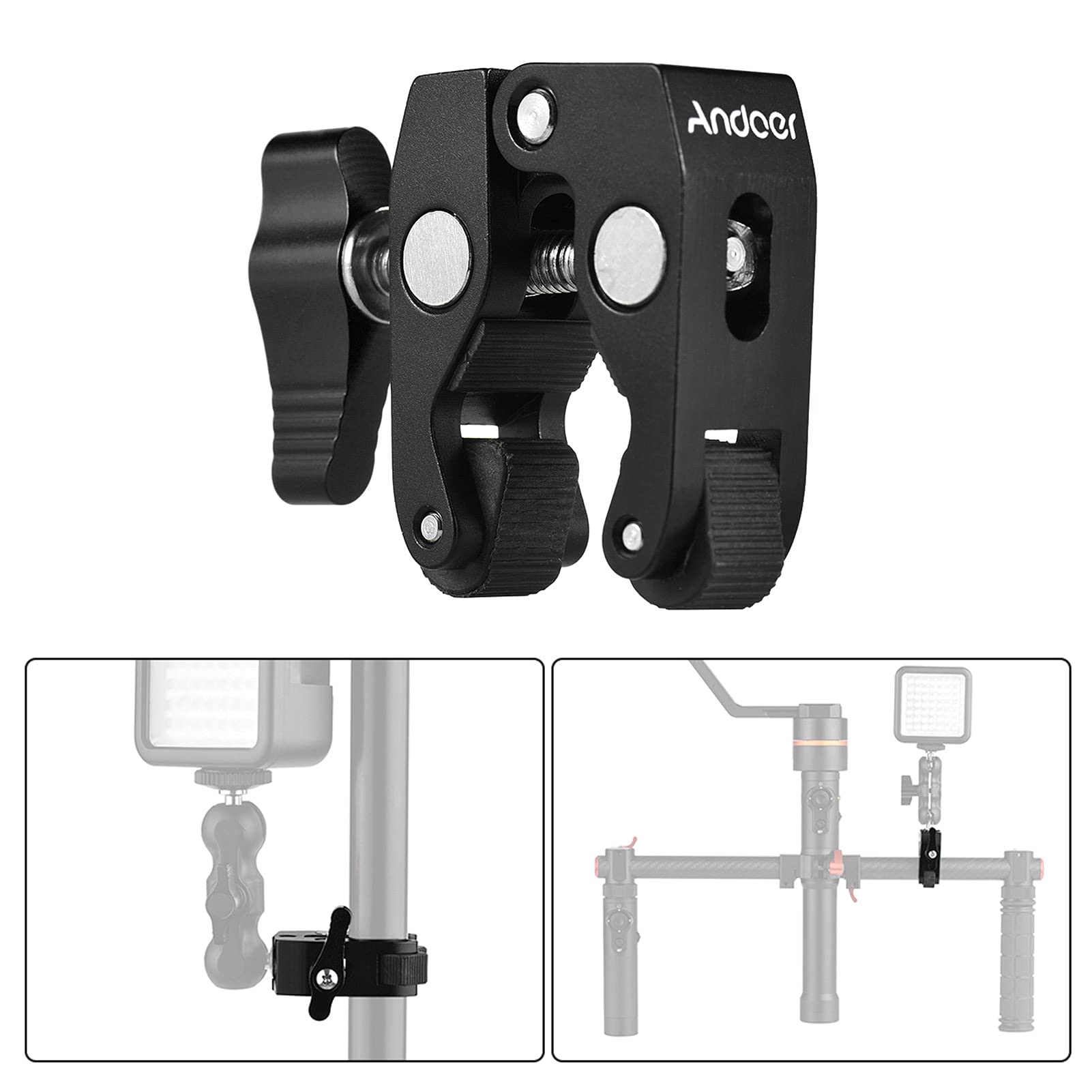 Andoer Super Clamp Stativ Klemme Krabbenzange Clip mit 1/4 & 3/8 Schraubenloch für DSLR Rig LCD Monitor Studio Licht Kamera Magic Arm, Schwarz