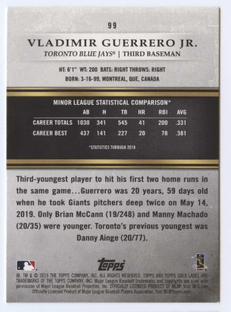 2019 Topps Gold Label Class One #99 Vladimir Guerrero Jr. Toronto Blue Jays Rookie Baseball Card