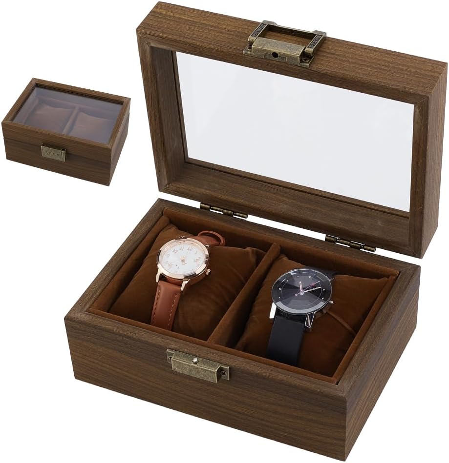 AHANDMAKER 2 Slot Wooden Watch Box, Double Watch Display Case with Clear Glass Window Storage Organizer Jewelry Holder with Pillow for 2 Watches Men and Women Birthday Gifts, Coconut Brown