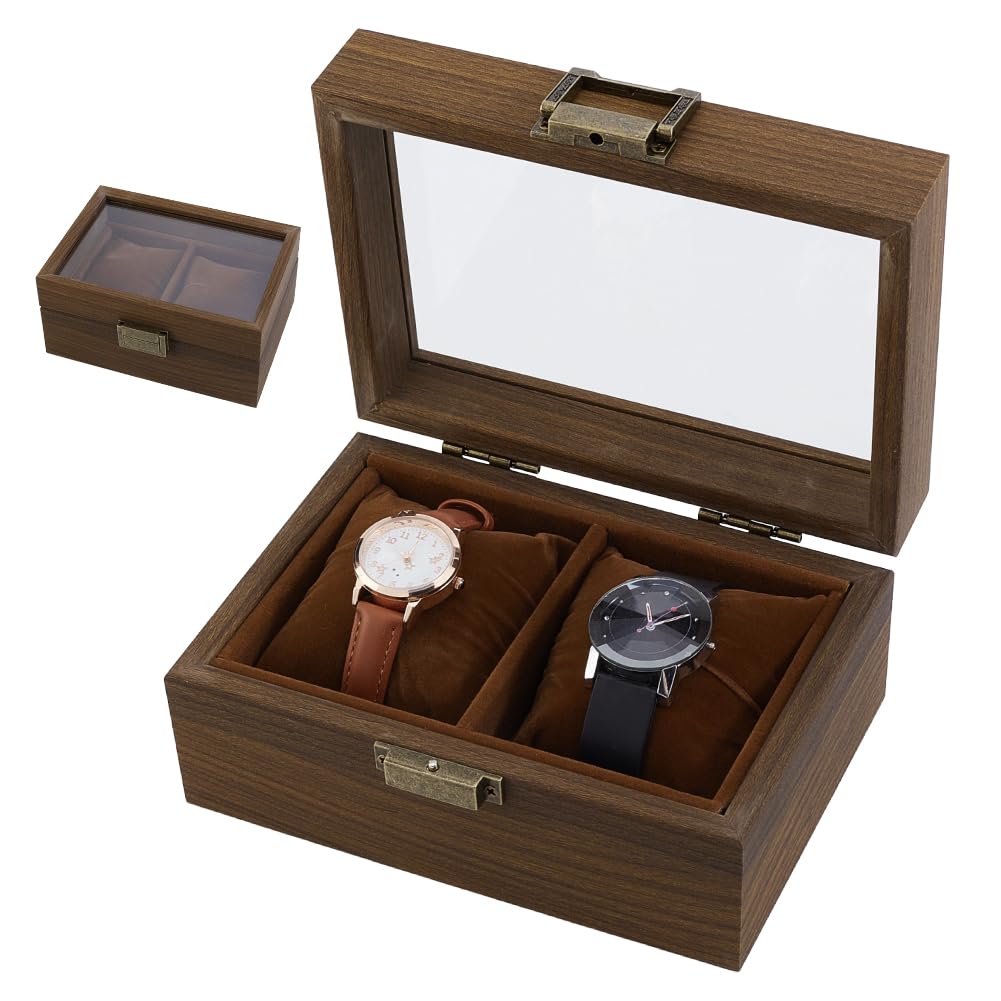 Boîte à Montres, Coffret de présentation en Bois à 2 emplacements avec fenêtre en Verre Transparent, Double Rangement pour Montres et Bijoux, avec Coussin, pour Hommes et Femmes, Cadeau d