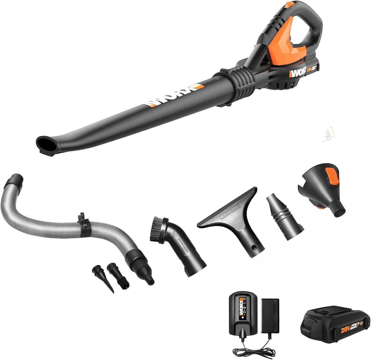 WORX Cordless Leaf Blower, 20V Electric Blower for Narrow Space, WG545.1 | 120MPH Airflow, Lightweight at 3.5 LBS, 7-Piece Multi Nozzle Kit , 2.0Ah Battery & Charger Included, PowerShare