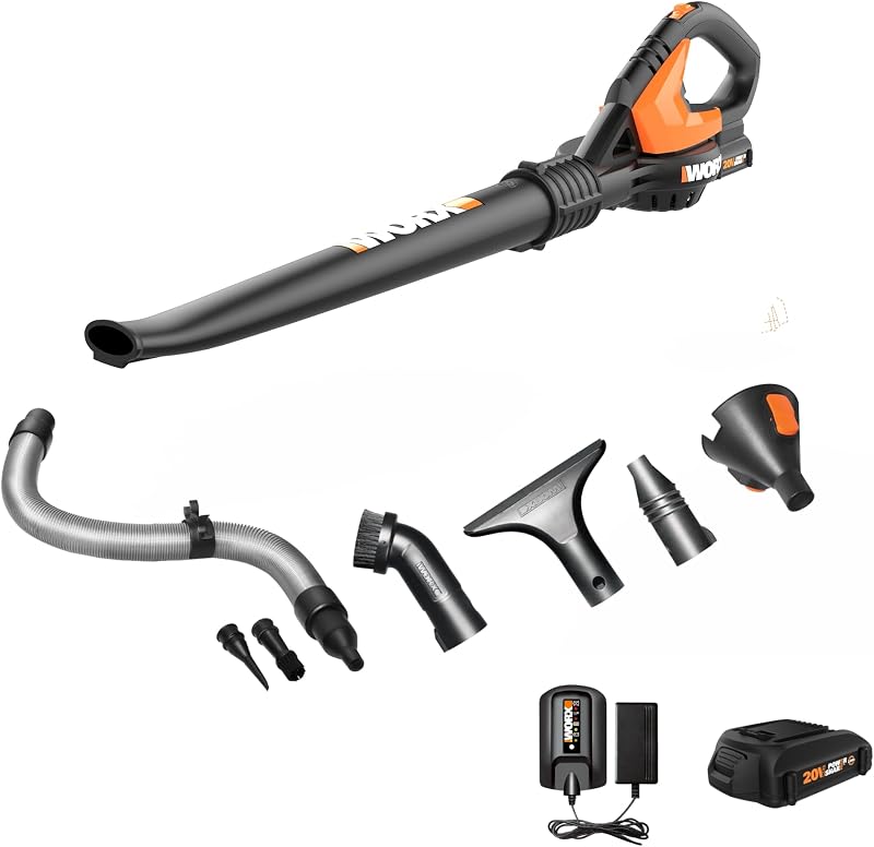 WORX Cordless Leaf Blower, 20V Electric Blower for Narrow Space, WG545.1 | 120MPH Airflow, Lightweight at 3.5 LBS, 7-Piece Multi Nozzle Kit , 2.0Ah Battery & Charger Included, PowerShare