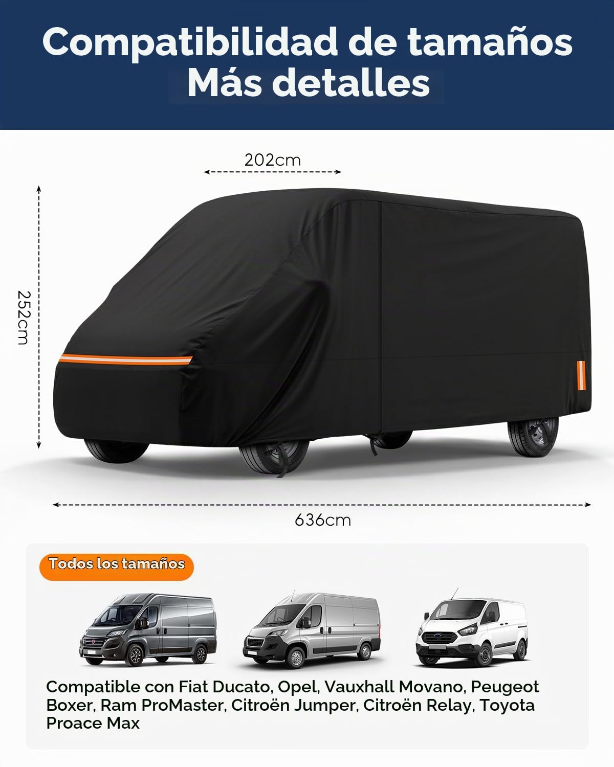 Funda Autocaravana para Fiat Ducato Peugeot Boxer Cubierta de Protección Furgoneta 420D Oxford Impermeable Transpirable con Cremalleras Impermeables 636 x 202 x 252 cm