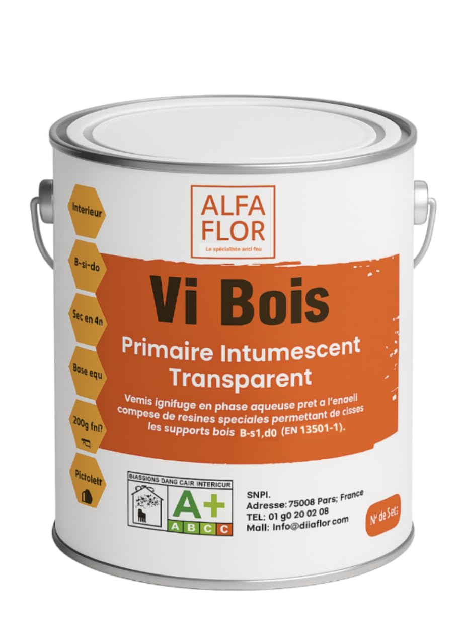 Vernis intumescent bois transparent B-s1,d0 (M1) – Anti-feu intérieur ERP – Protection incendie bois – 1 couche – Prêt à l’emploi – Fabriqué en France – 1L/5L/20L