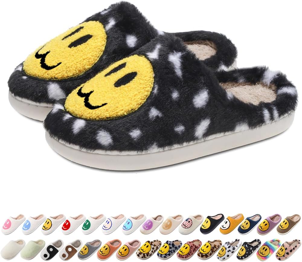 AIMINUO Women's Men's Retro Preppy Happy Face Slippers Comfy Warm Plush Slip-On House Slipper for Winter Indoor Soft Cushion Non-slip Fluffy Slides Slippers