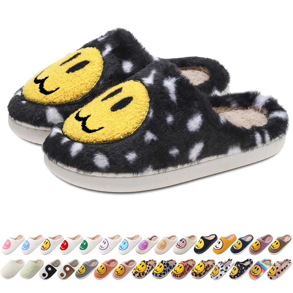 Women's Men's Retro Preppy Happy Face Slippers Comfy Warm Plush Slip-On House Slipper for Winter Indoor Soft Cushion Non-slip Fluffy Slides Slippers