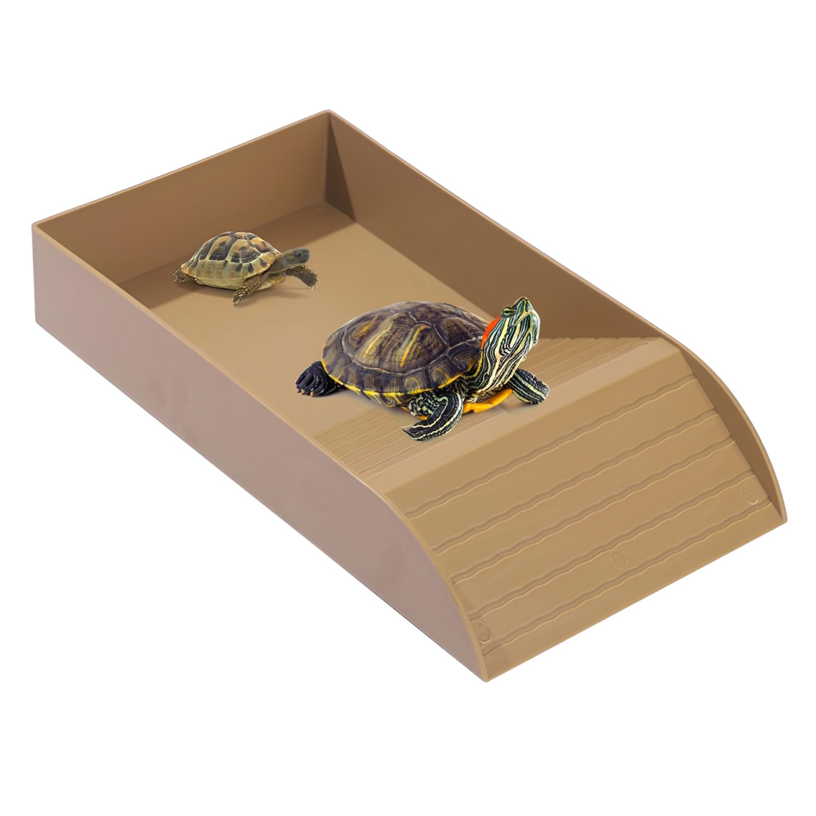 Yeqqqz Tortoise Water Dish with Ramp and Basking, Tortoise Bath Dish, Turtle Food and Water Bowl, Plastic Reptile Water Bowl Fit for Amphibians (Brown)