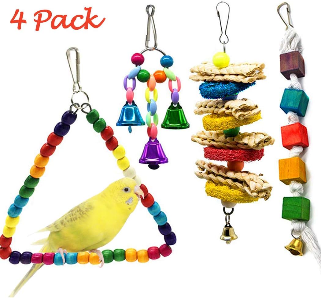 CREATIEES 4Pcs Pet Bird Parrot Swing Toys with Bells, Eco-friendly Birds Cage Toy for Parakeet Finch Canary Small Medium Birds - Hanging Chewing Toys & Pet Training Accessories