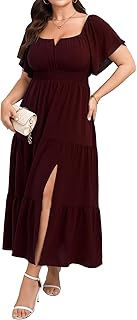Womens Plus Size Maxi Dress Formal Short Sleeve Square Neck Smocked Side Split Flowy A Line Tiered Long Dress - Buy now
