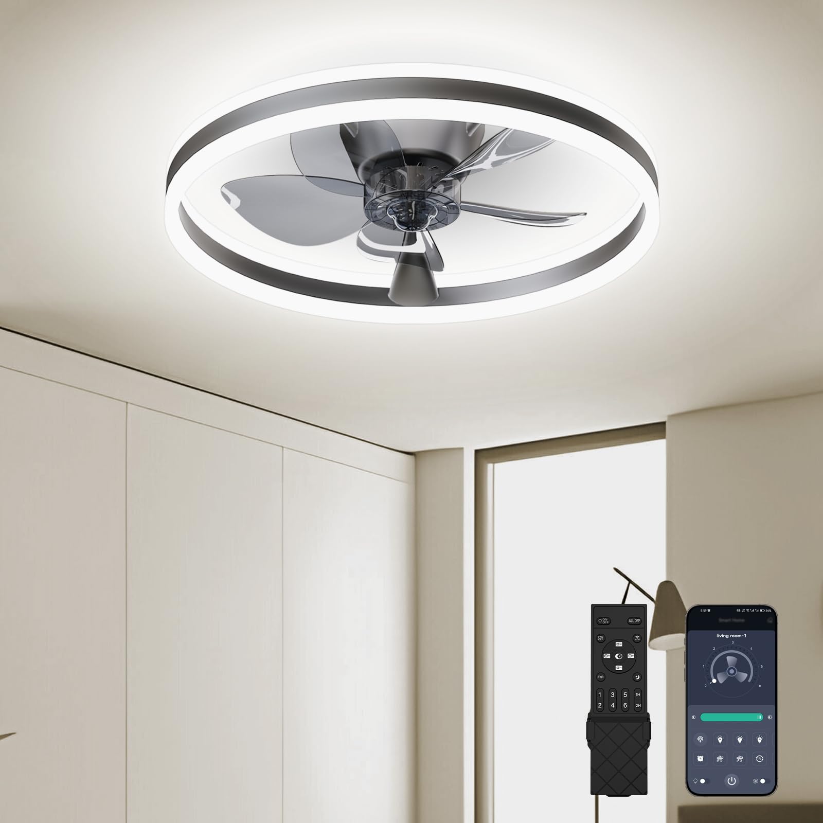Low Profile Ceiling Fans with Lights, 19.7'' Modern Ceiling Fans with Lights Flush Mount for Bedroom, 6 Speeds Ceiling Fan with Stepless LED Light App and Remote Control Black