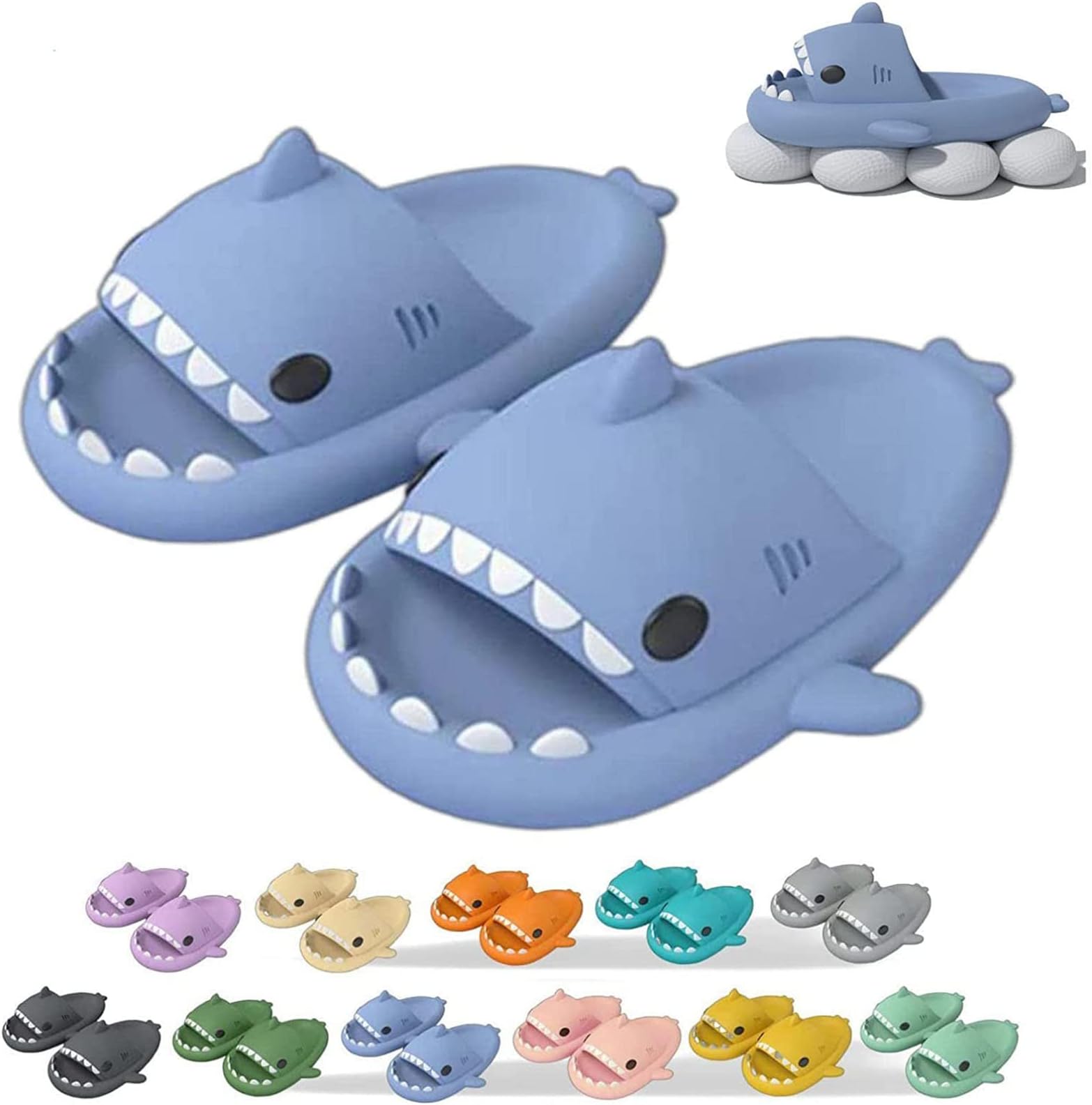ORGANI Cloud Shark Slides for Women, Soft Slippers Non-Slip Quick-Dry Bathroom Pillow Slippers Summer Shower Sandals Open Toe Cute Cartoon Shark Cloudy Chunky Sliders,A-10.5-11Women/9-9.5Men