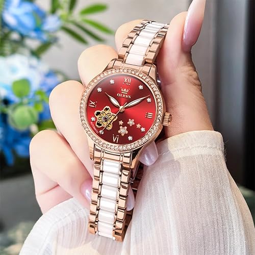 Miniatura 6 de OLEVS Relojes para mujer, reloj automático de lujo, correa de cerámica, oro rosa, reloj de pulsera para mujer