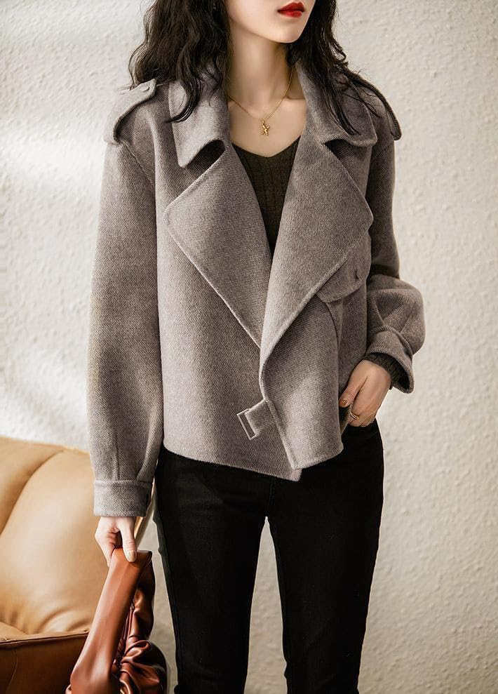 utcoco Women Cropped Wool Coats Notched Lapel Pea Coat Open Front Trench Overcoat Jackets with Pockets - Image 2