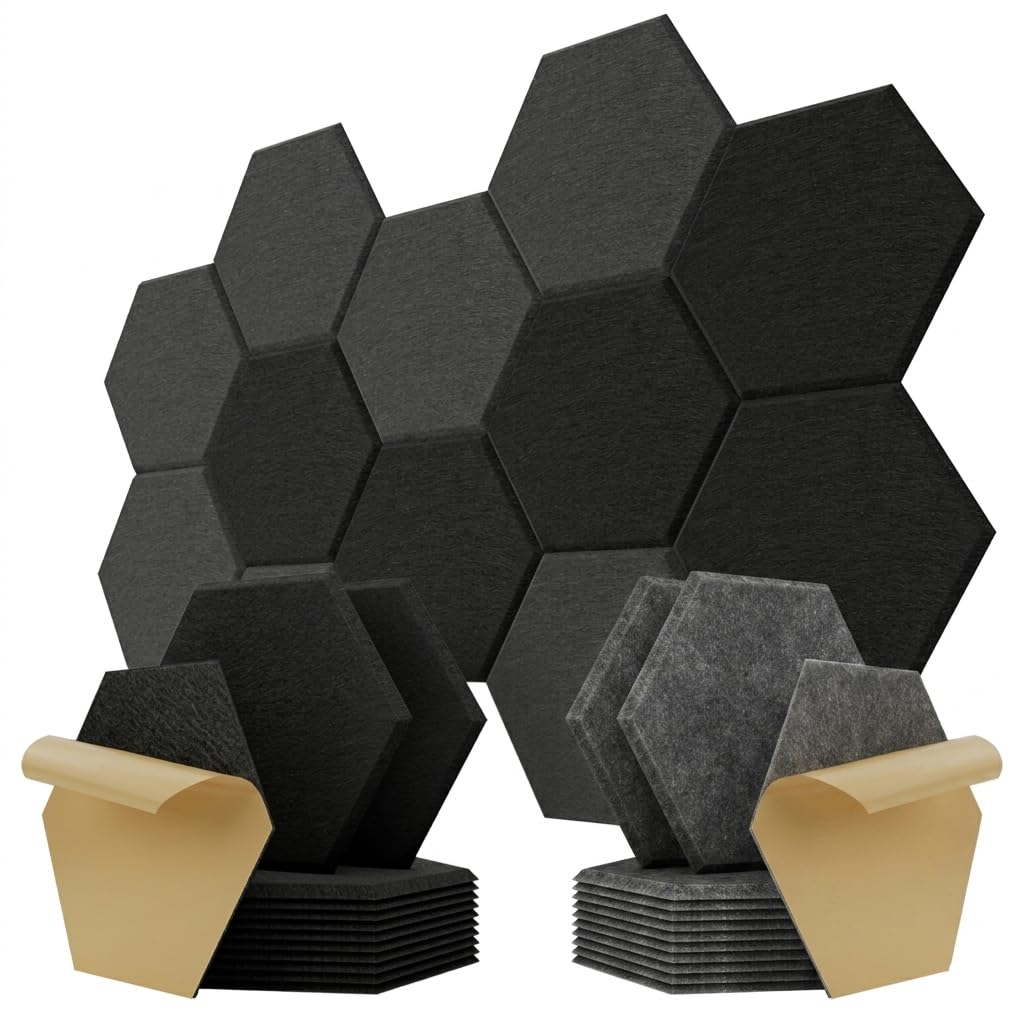 Kuchoow Paneles Acusticos Hexagonales Pared Autoadhesivo, Bundle 12 piezas Negro y 12 piezas Gris oscuro