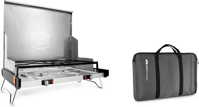 GSI Outdoors Pinnacle Pro 2 Burner Propane Camping Stove (20" x 12.4" x 1.4") with Pinnacle Pro Stove Bag (25" x 15" x 1.5") – Ultra-Portable Folding Design